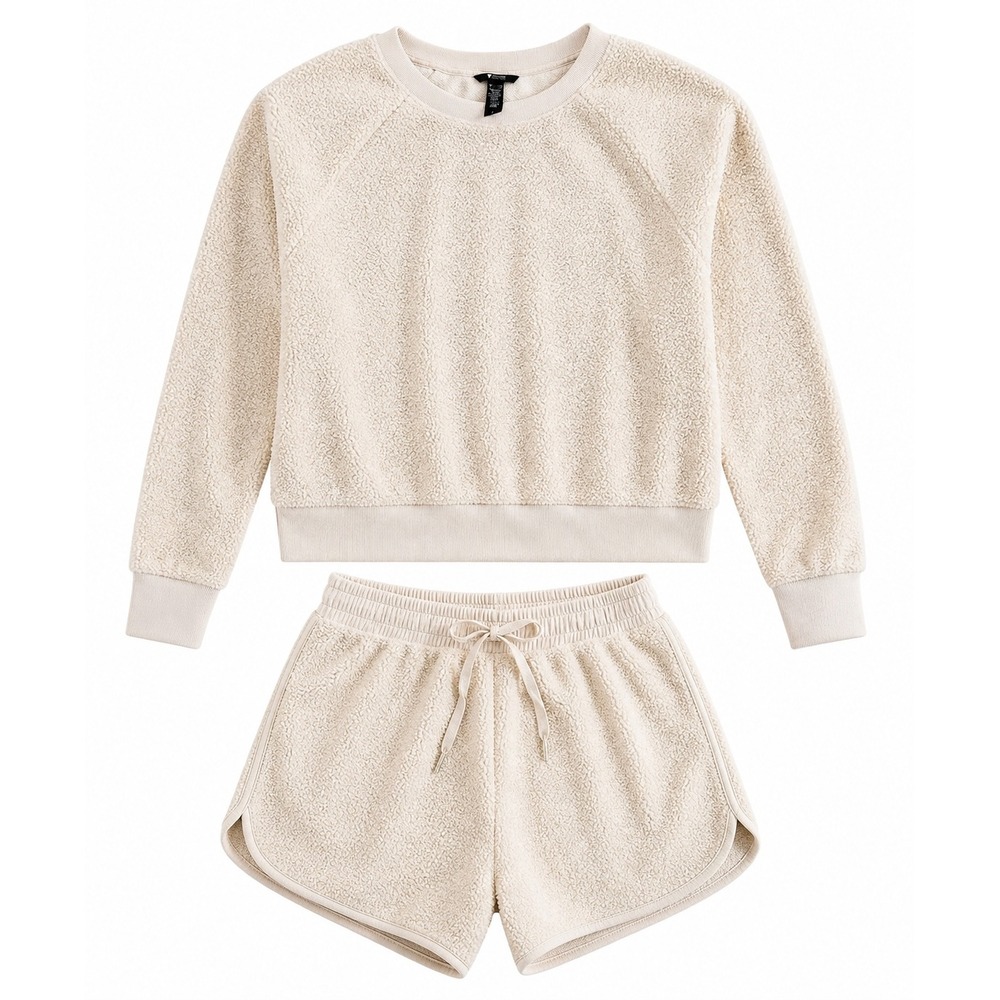 Victoria Secret Sherpa Cream Lounge Set NWT Cozy Fleece Shorts Pullover M